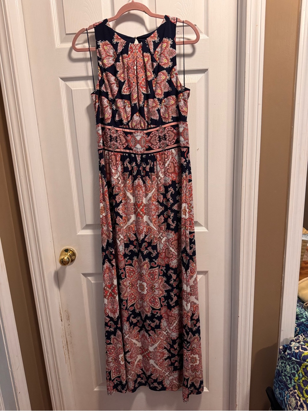 London Style Collection Size 14 Paisley Maxi Dress Navy Coral Boho